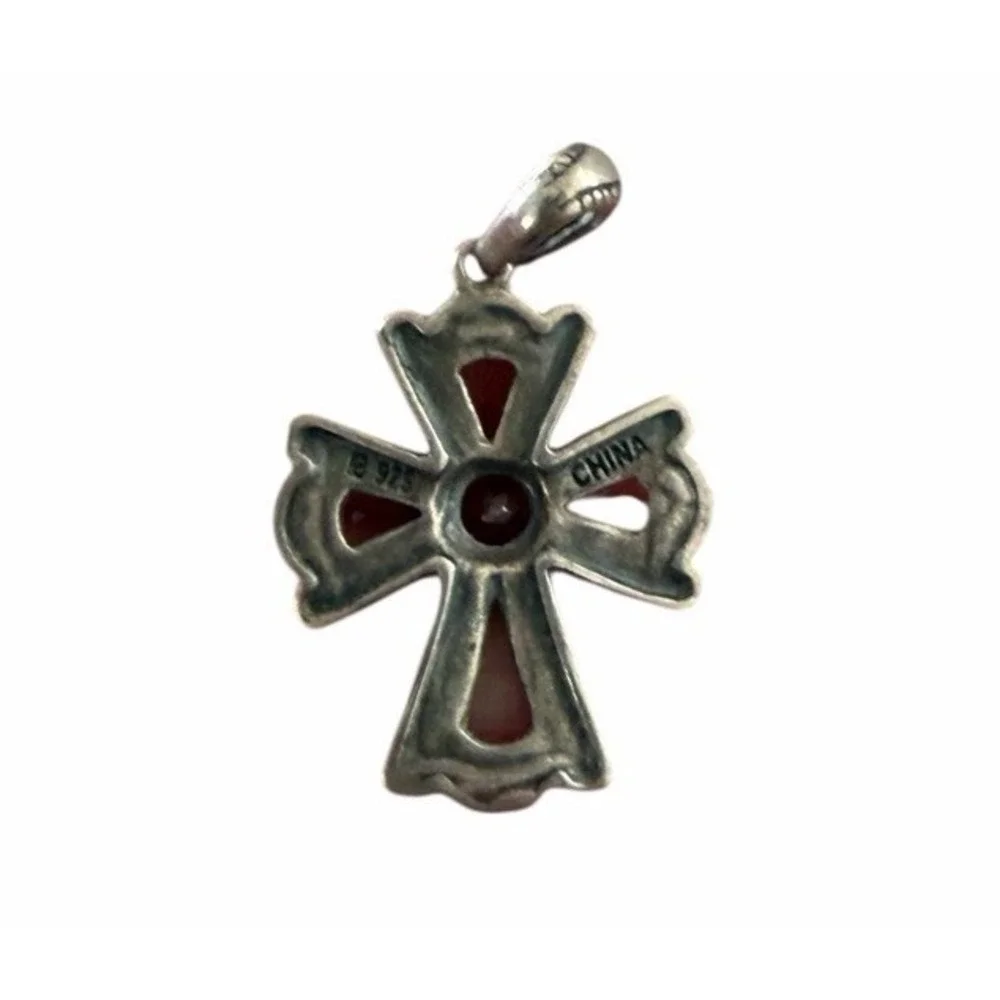 Sterling‎ Silver Cross Set Earrings & Pendant Necklace Red Stone Gothic Vintage